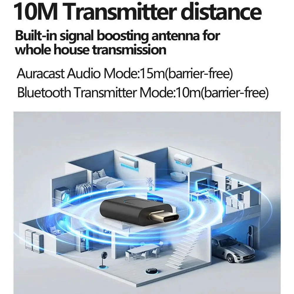 Фото Аудиопередатчик Auracast Bluetooth 5.4 с поддержкой aptX-LL/HD, низкой задержкой, беспроводной стереоадаптер Type-C, передатчик аудио LC3 LE №2