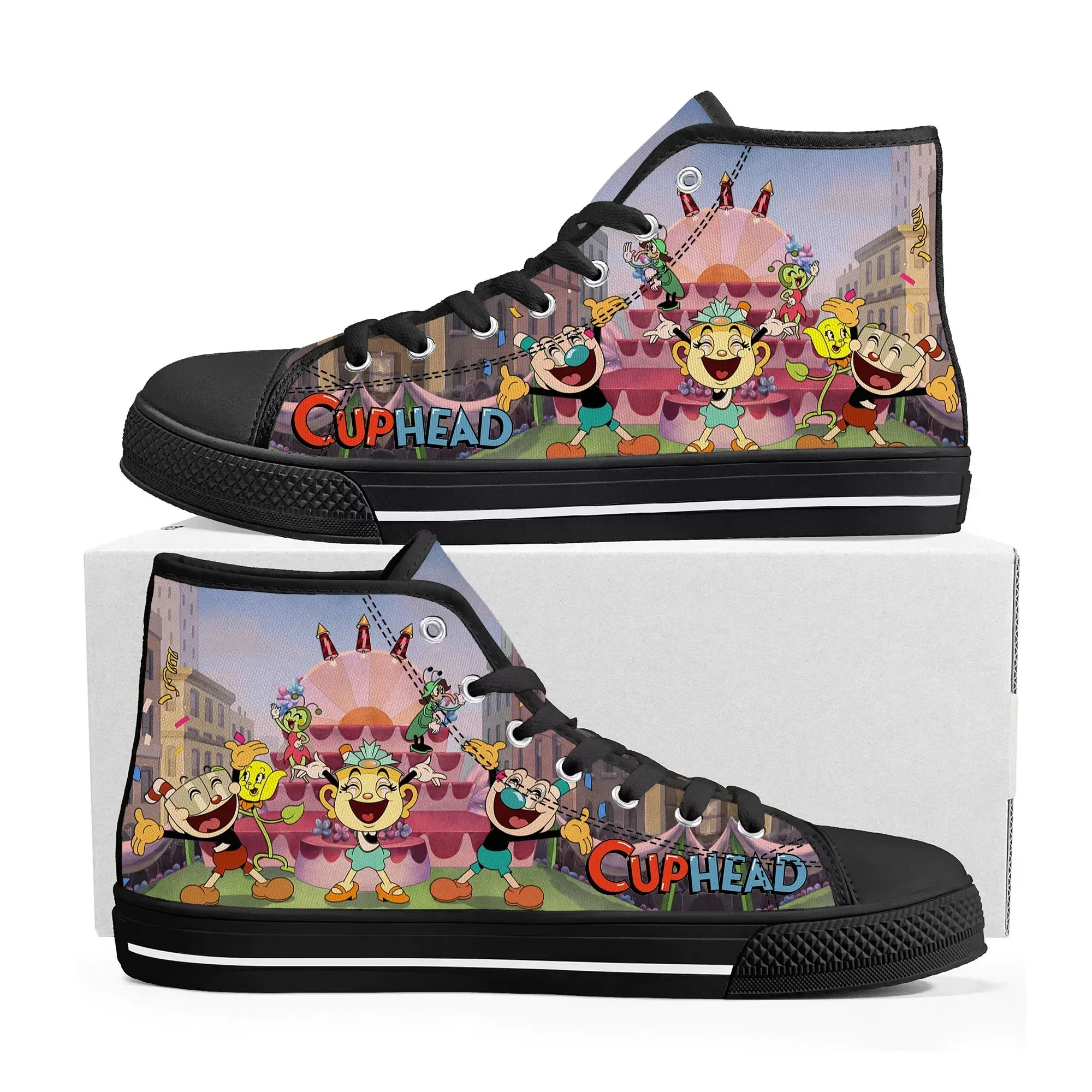 Hot Cupheads Mugmans Cartoon Game High Top Sneakers Mens Womens Teenager Quality Canvas Sneaker Custom Built Couple Shoes