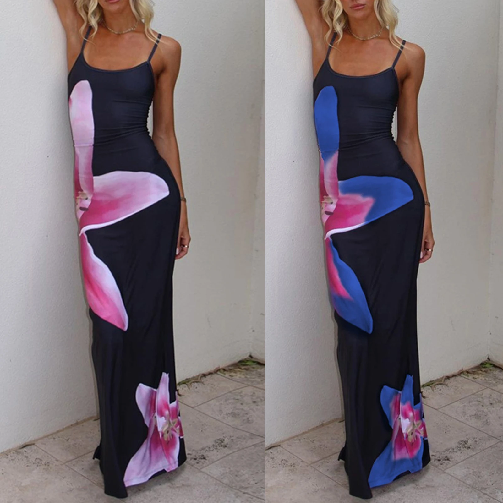 

Women Spaghetti Strap Dress Backless Printed Sexy Slim Long Dress Sleeveless Summer Fashion Elegant Split Beach Dresses