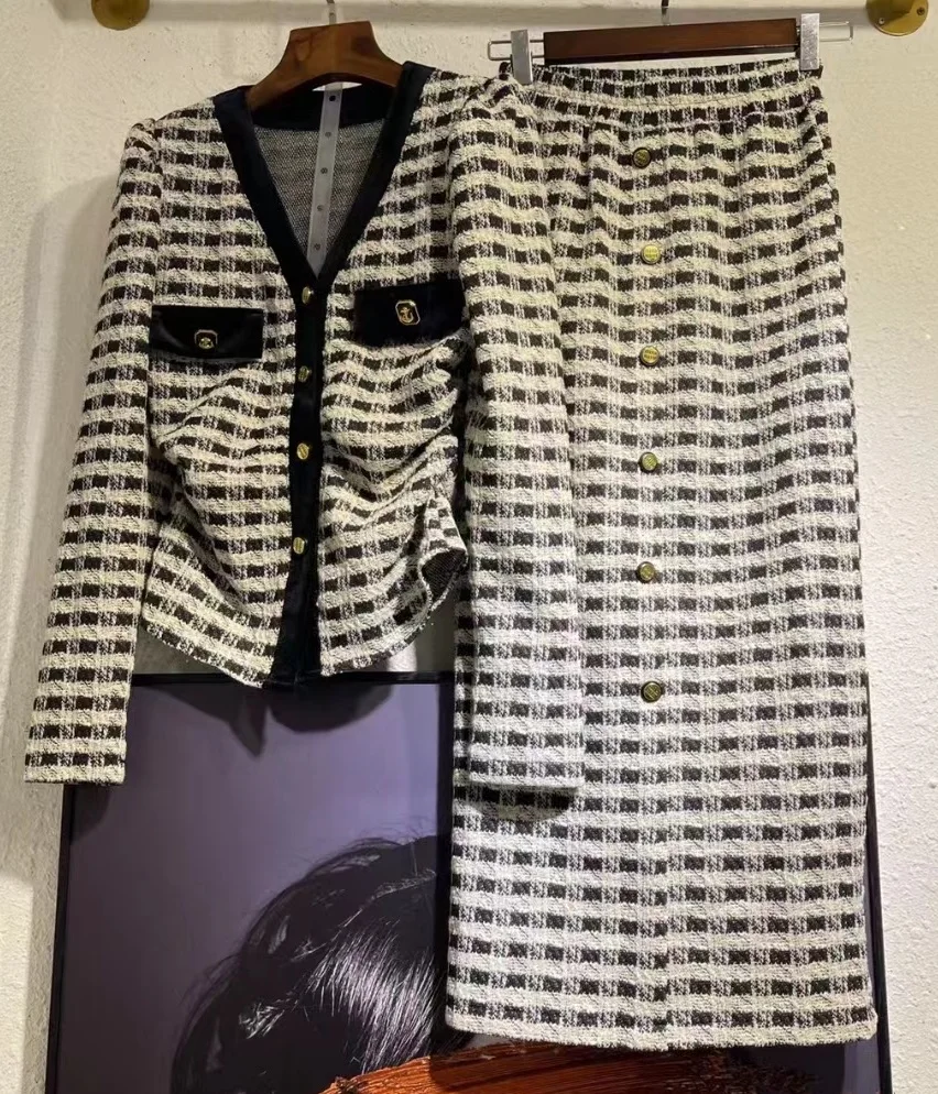 Женский трикотажный Костюм-двойка бархатный кардиган с V-образным вырезом и юбка