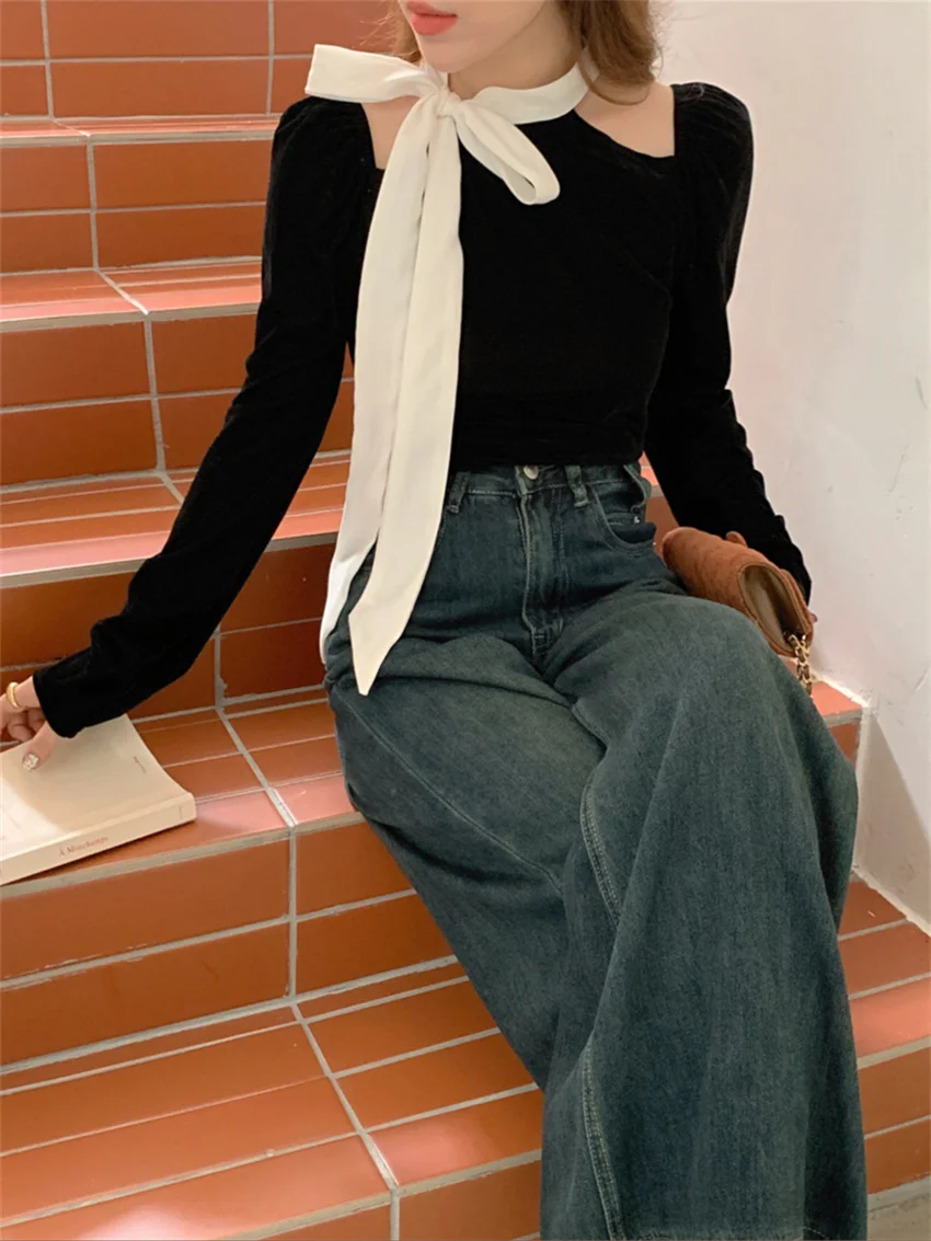 Черные блузки Alien Kitty женские свободные винтажные тонкие новые шикарные зимние с