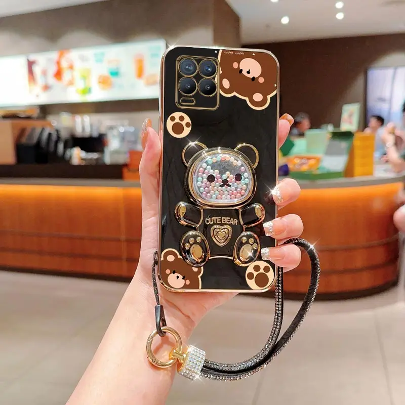 Diamond Strap Bear Phone Holder Case For Oppo Realme X XT X7 GT Master 5 5i 5s 6i 7 7i 8 8i 4G Pro Narzo 50 C7 C17 Stand Cover
