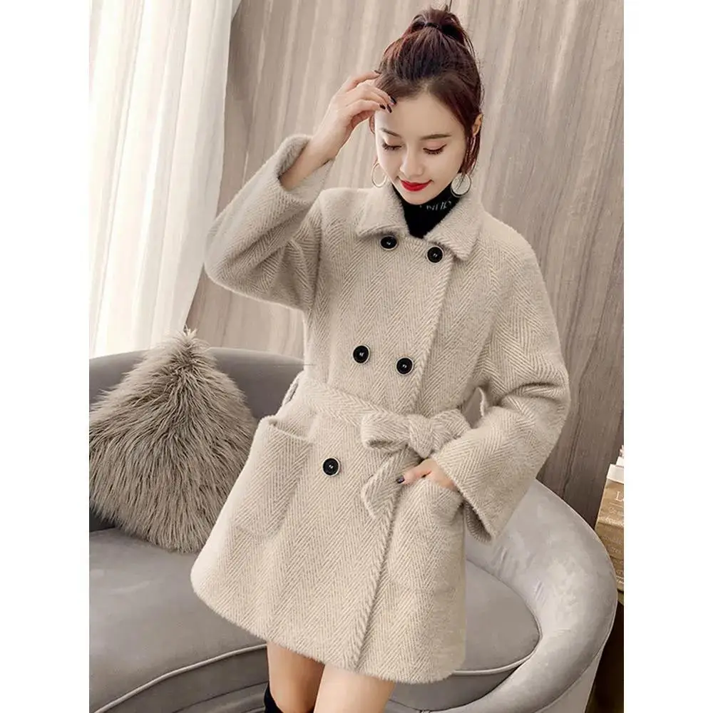 

Women's Medium Long Lace Up Coat Mink Thick Loose Square Collar Warm Loose-fitting Autumn Winter Cardigan with Pockets M740