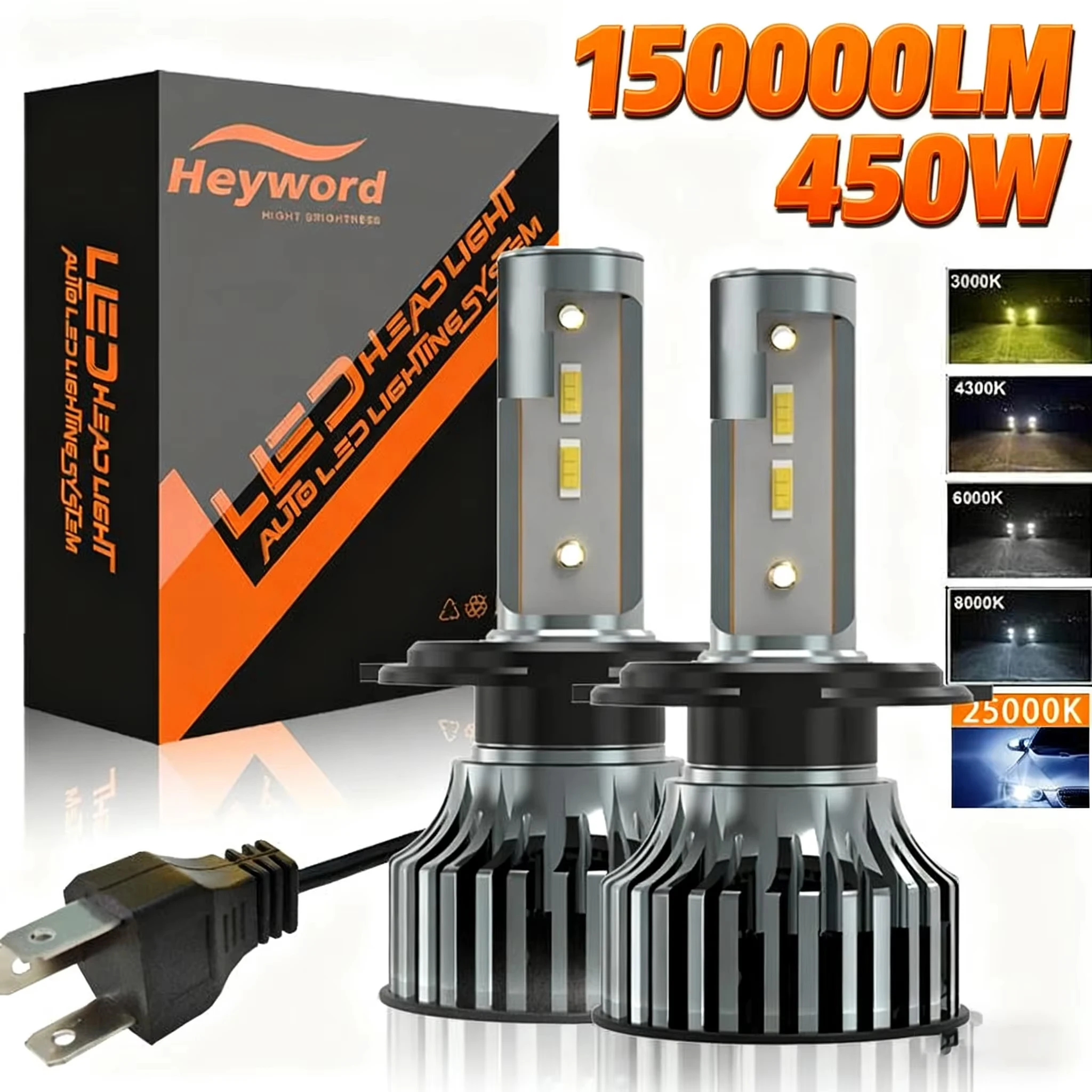 Heyword 150000lm 450W 1860 puce CSP 3000k/4300k/6000k/8000k phare LED de voiture h4 h7 h1 phares LED 9005 H7 h11 lumière LED