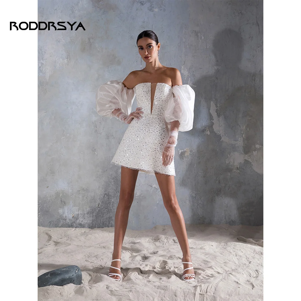 

RODDRSYA Stunning Short Strapless Sequined Wedding Dresses With Removeable Puff Sleeves Princess Modern Bride Gowns Custom Made