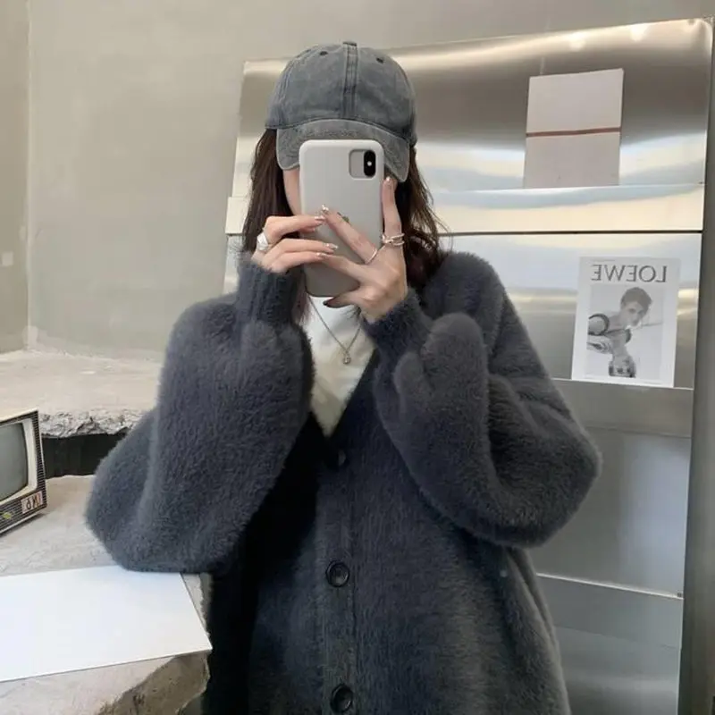 Женский однотонный кардиган с V-образным вырезом и длинным рукавом