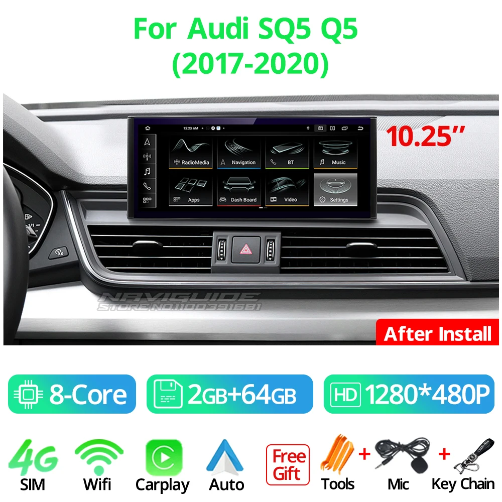 

NAVIGUIDE 10,25 ''Android 12 Carplay автомобильное радио для Audi SQ5 Q5 2017-2020 LHD 4 + 128G мультимедийный плеер головное устройство с GPS-навигацией