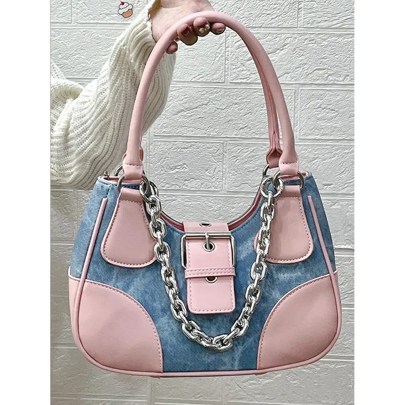 

Pink and Blue Chain Bags for Women 2023 Summer Autumn Bags Color Block Bag Hand Campus