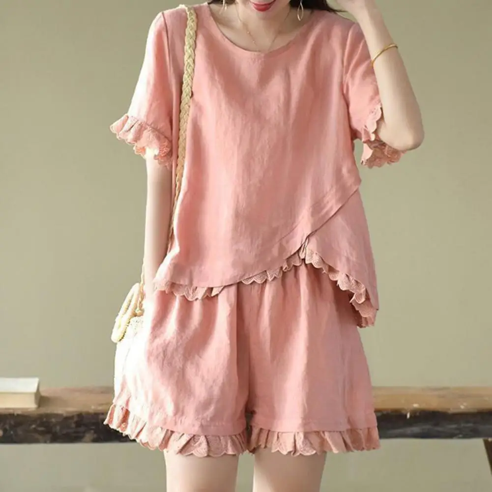 

1 Set Women Top Shorts Solid Color Round Neck Two-Pieces Blouse Short Pants Set Women's Summer Casual Suit Summer Outfit