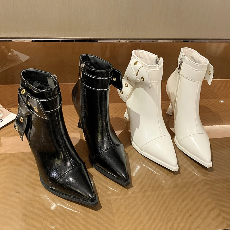 2022 New Design Girls Fashion Thin Heel Boots Ankle Short Black Pointed Boots Rivet Women Winter Bow Stiletto Shoes for Women H6