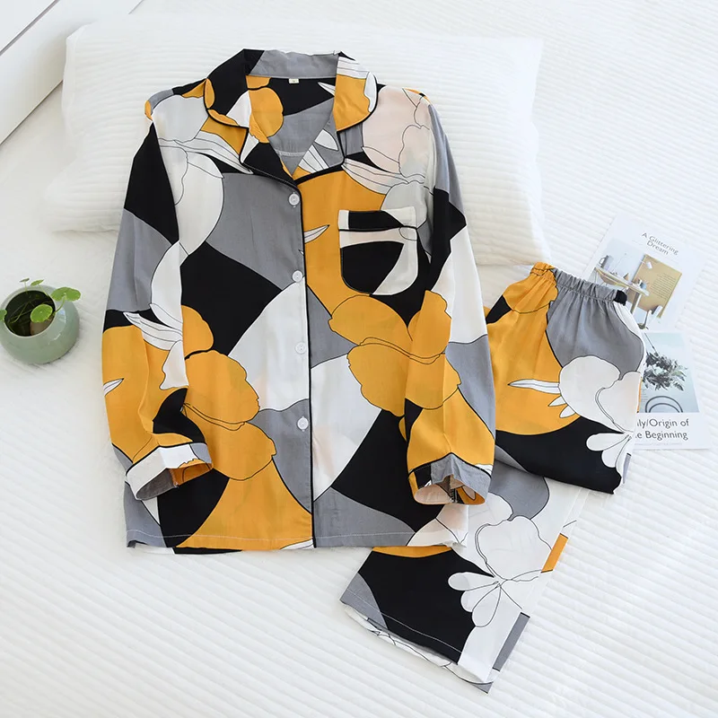

Ladies Man-made Cotton Pajamas Suit Viscose Fiber Plus Size Home Service Soft Long-sleeved Geometric Pattern Pijamas Women