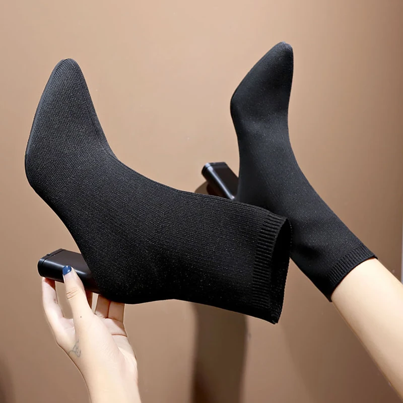

Fashion Stretch Socks Boots Women's High Heels Shoes Knit Socks Boots Skinny Women Pointed Autumn and Winter Bare Boots