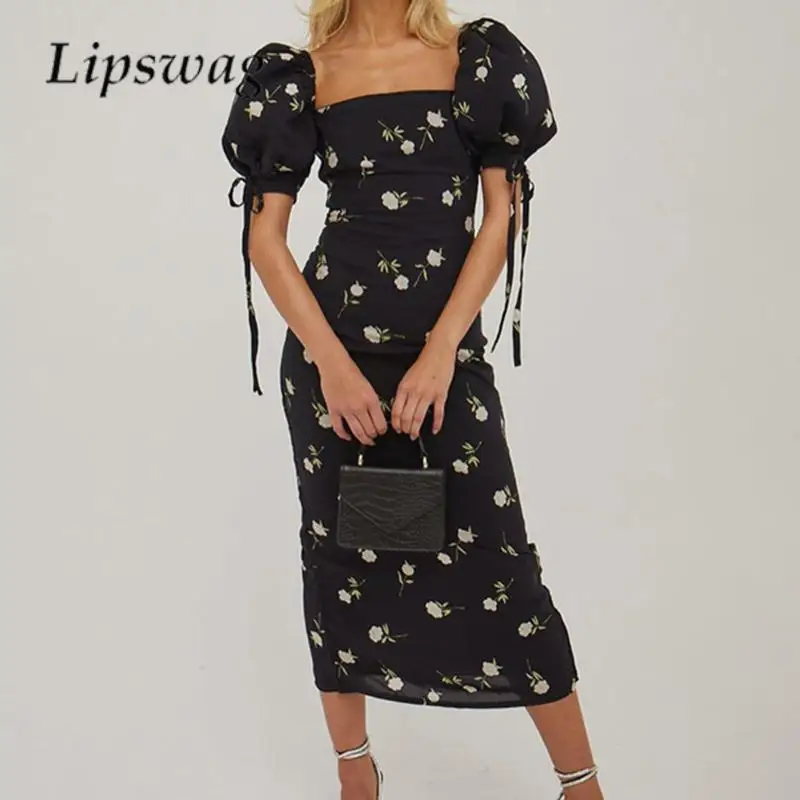 

Женское элегантное приталенное платье с разрезом, Модные Длинные Платья с цветочным принтом, 2023, милое женское платье с квадратным вырезом и коротким рукавом-фонариком