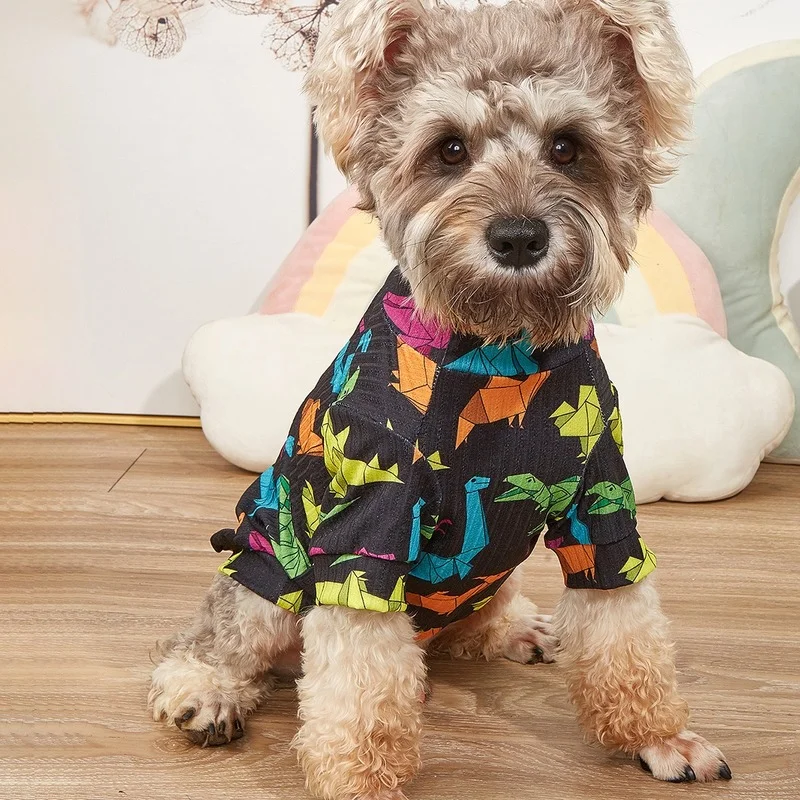 

Pet Clothing Cartoon Shirts Clothes for Dog Small Costume Geometric Dinosaur Print Dogs Cute Spring Summer Black Collar Perro