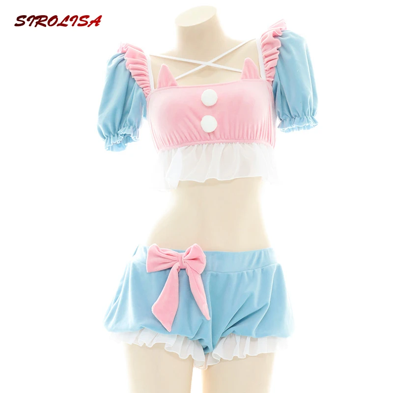 

Плюшевая Униформа горничной с открытой спиной, Женская милая Лоскутная бандажная Милая Кружевная Одежда с бантом и оборками в виде кота Лол...