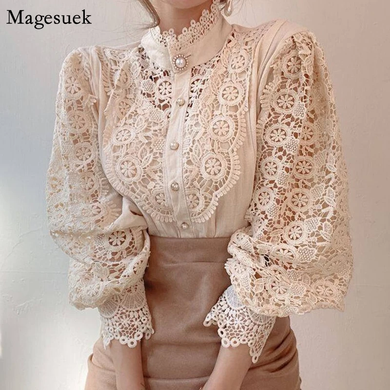 Blusa Informal para Mujer, Camisa Holgada de Encaje con Botones, Color Blanco Liso, Estilo Vintage Coreano, Novedad, 12928