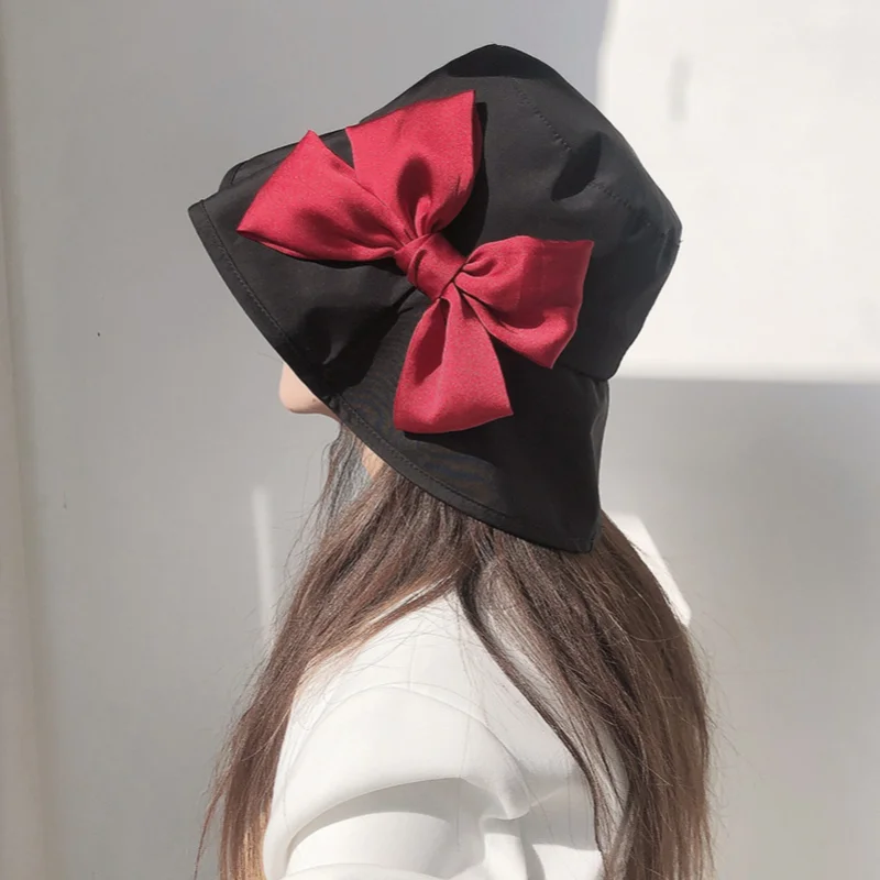 

Spring and Summer Big Bow Sun Hat Ladies Wide Brim Beach Panama Cotton Dome Bucket Hat Sunshade Bob Hat Gorros