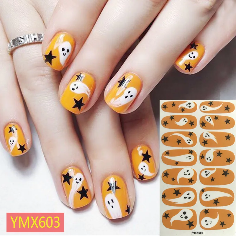 

2023 New Halloween 14tips Nail Stickers Pumpkin Designs DIY Polish Wraps Hot Selling Full Cover Art Sticker Tips Wholesale