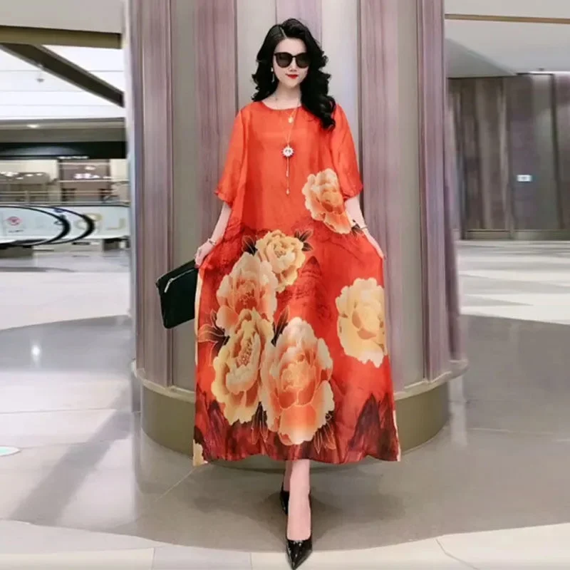 Платье женское длинное из шелка тутового шелкопряда с цветочным принтом