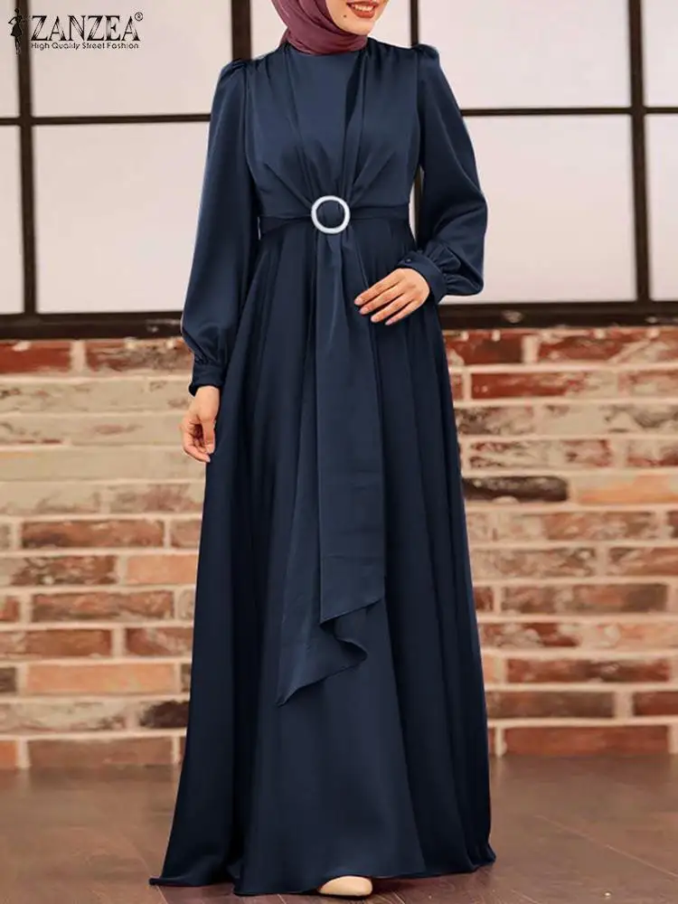 Платье ZANZEA женское длинное в мусульманском стиле, атласная абайя, кафтан с отложным воротником и длинным рукавом, однотонное блестящее Элег...
