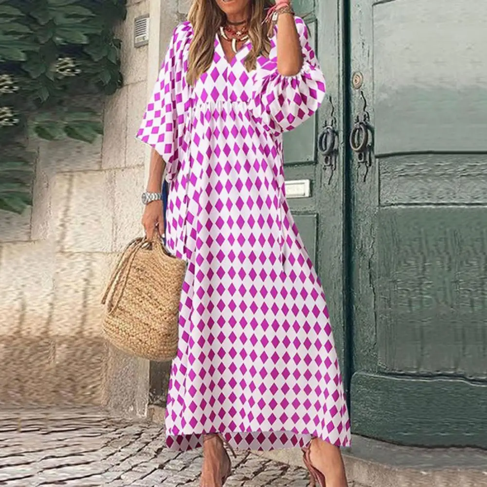 

Elegant V-neck High Waist Splicing Big Hem Maxi Dress Bohemia Geometry Rhombus Print 3/4 Lantern Sleeve Baggy Dress Streetwear