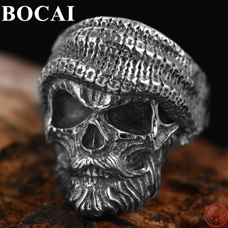 BOCAI Solide S925 Sterling Silver Charm Rings Domineering Skull Personality Opening Index Finger Pure Argentum Ornaments for Men