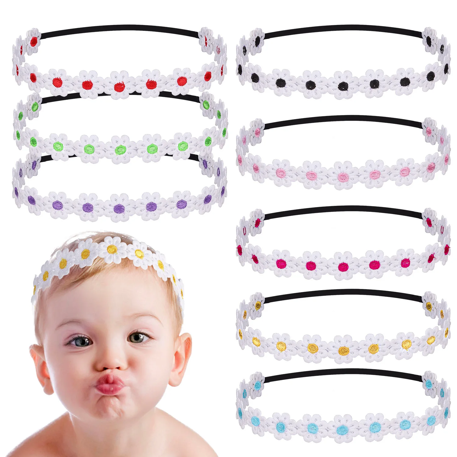 

10pcs Baby Girl Elastic Lace Headband Hairband Children's Daisy Elastic Headband Embroidered Flower Baby Accessories