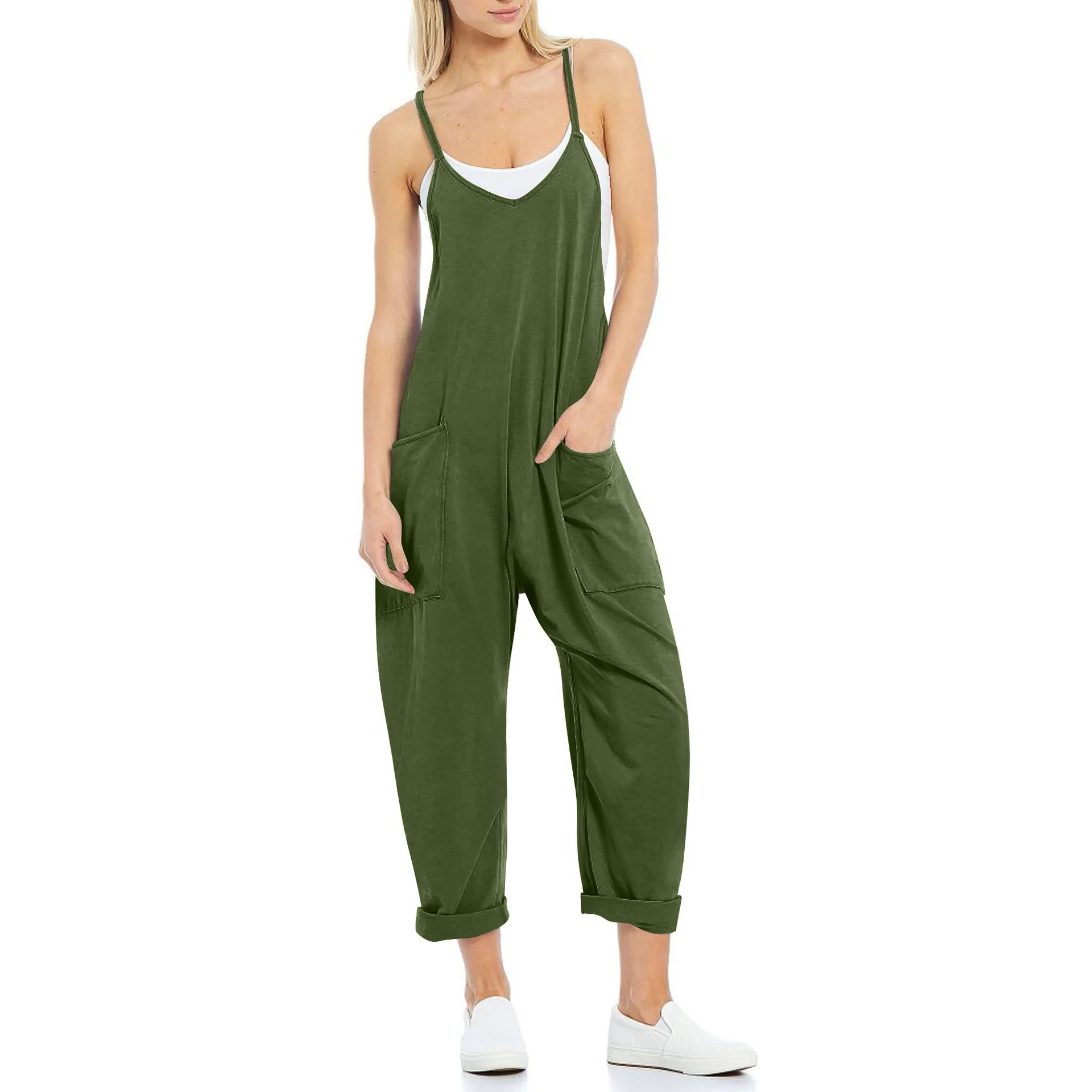 Women's Clothing 2023 Summer New Casual Pocket Sling Knitted One-piece Trousers Suspenders Trousers Women
