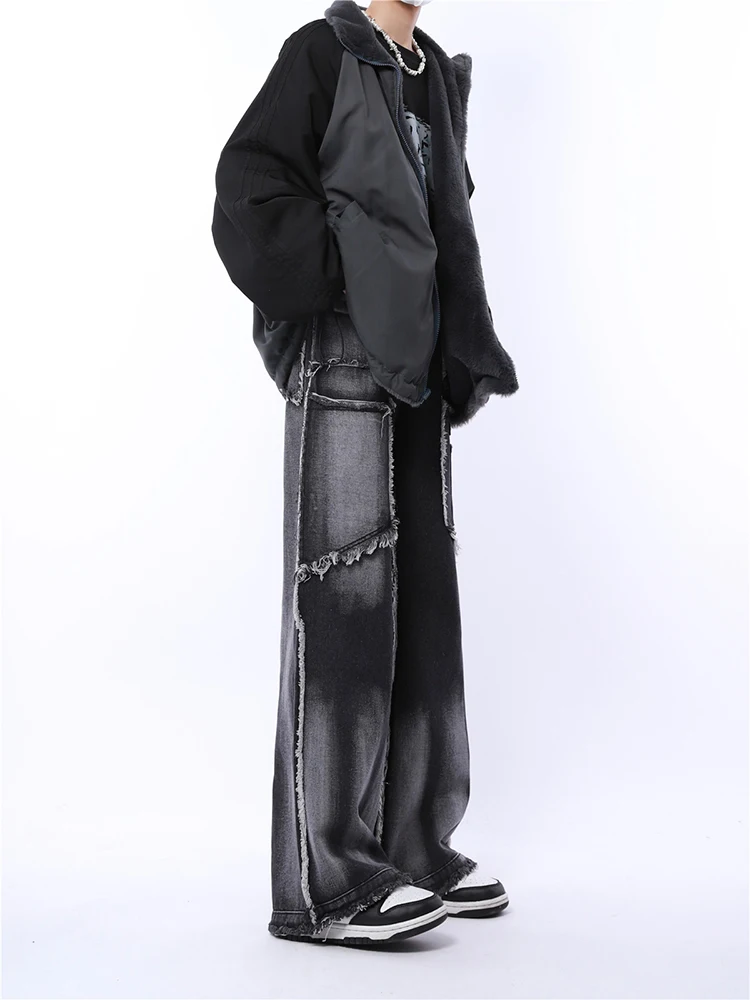 

2000s Gradient Color Tassels Design Jean Trousers Fashion High Street Straight Female Denim Pants Y2K Vintage Multiple Pockets