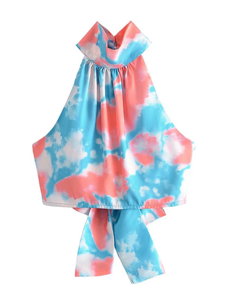 

YENKYE 2022 Fashion Women Tie Dye Halter Tops Sexy Backless Female Hem Lace Up Summer Crop Top