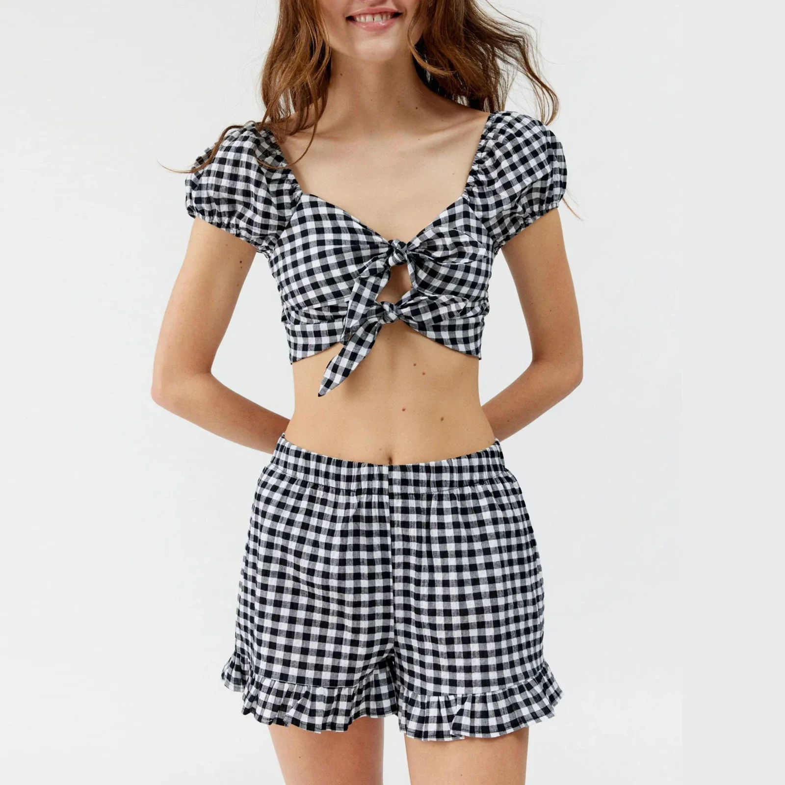 Летняя женская мода комплект из 2 предметов клетчатый укороченный топ с вырезом в