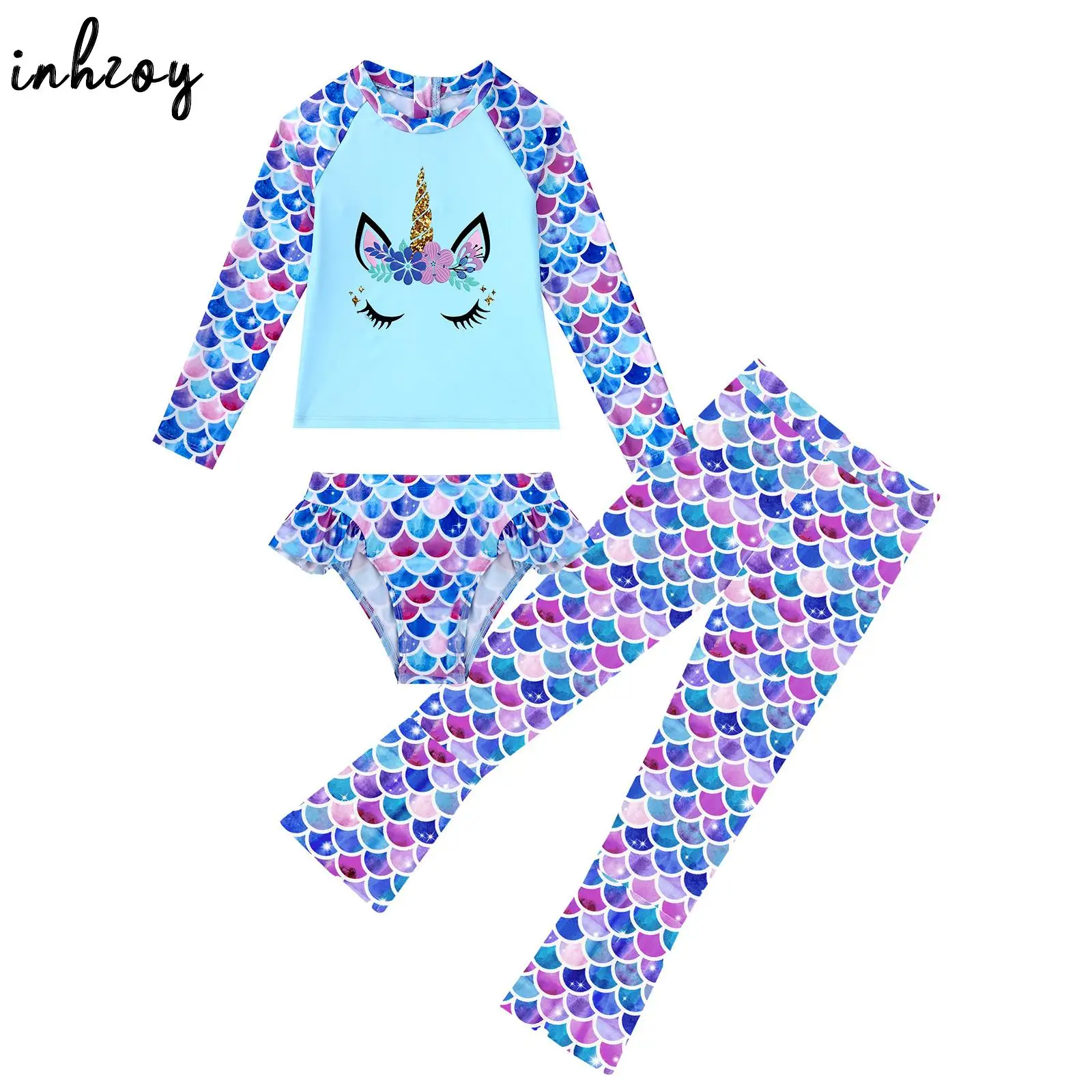 

Детский купальник для девочек с принтом в виде весы русалки, Топ с длинным рукавом, трусы и расклешенные брюки, пляжная одежда