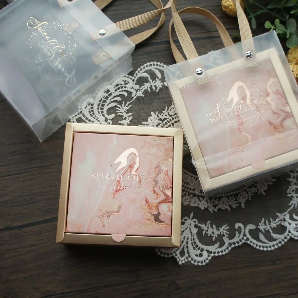 

13*13*5cm 3set Rose Gold Pink Marble Design Paper Box + Bag As Baby Shower Birthday Wedding Gift Packaging Use