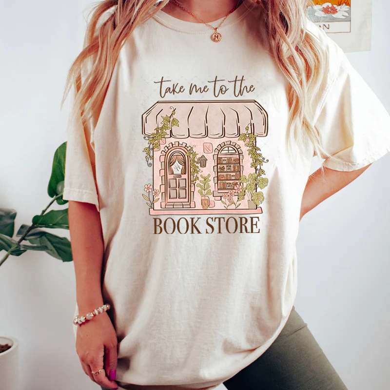 Фото Футболка с рисунком Take Me To The Bookstore, летняя футболка с короткими рукавами для любителей книг, классические удобные футболки в стиле ретро с героями мультфильмов, забавные футболки для чтения №2