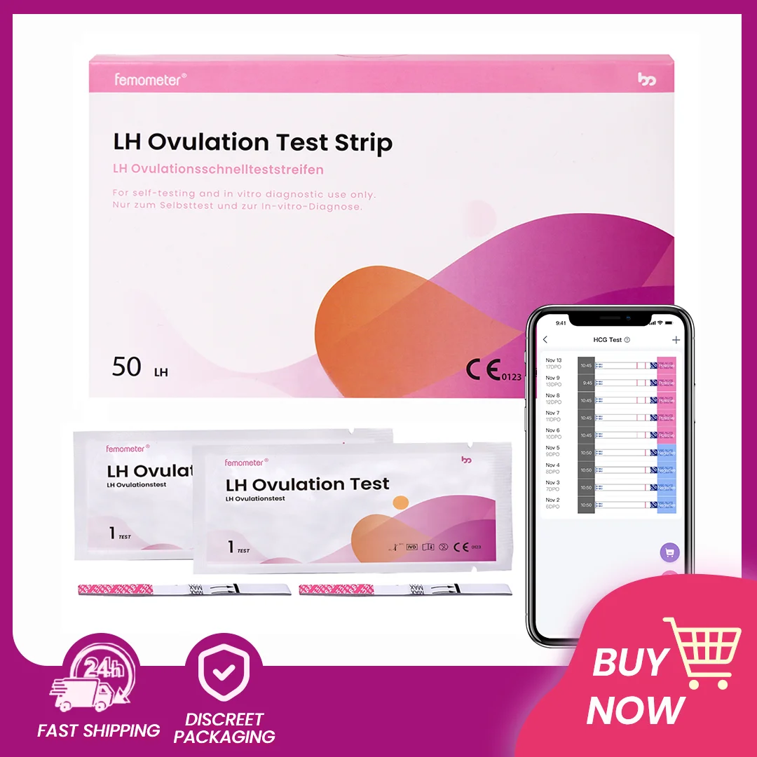 

50 PCS Femometer LH Ovulation Test Strips 25 mIU/mL OPK Sensitive Fertility Predictor Sticks Intelligent Recognition with App