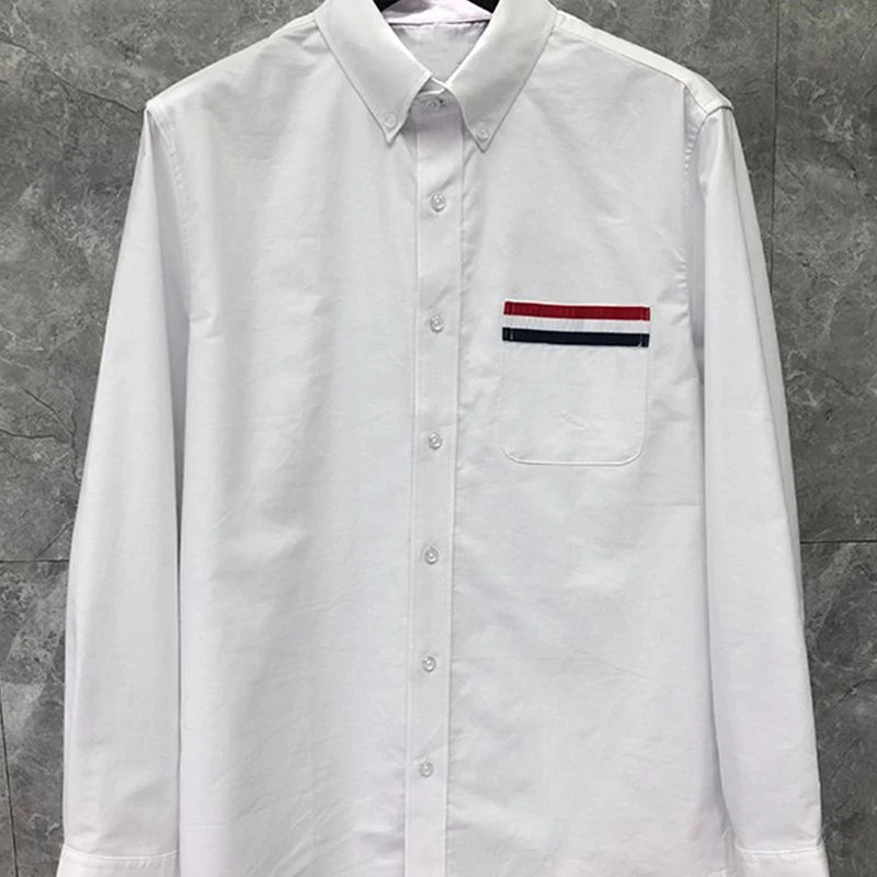 TB THOM Shirt Spring Autunm Fashion Brand Men's Shirt RWB Stripe On Pocket Casual Cotton Oxford Slim Custom Wholesale TB Shirt
