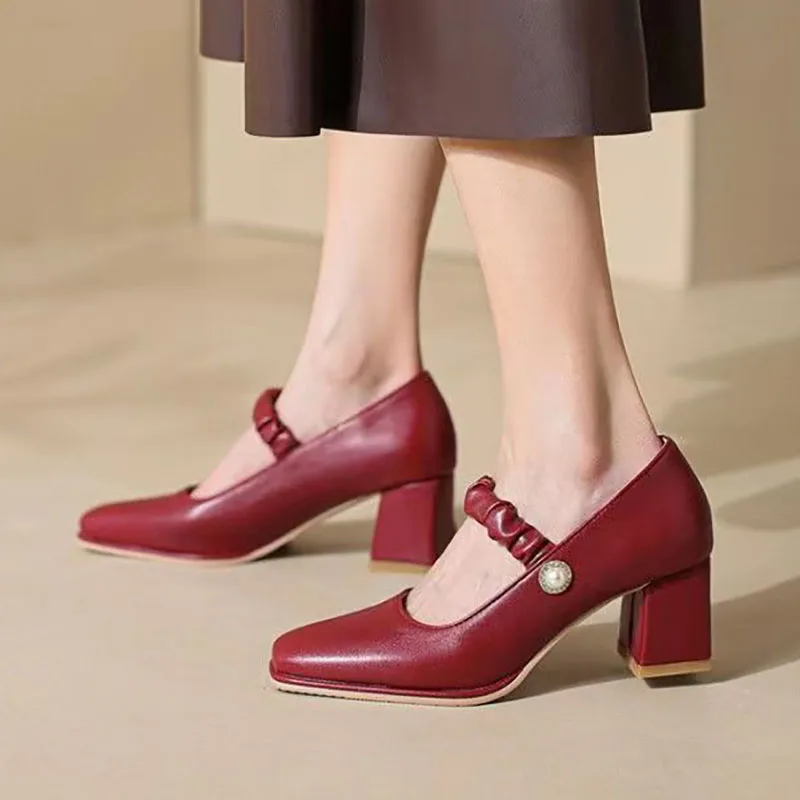 Wedding Shoes Women's Mary Jane Shoes Pearl Buckle Strap Pumps Mid Heels Dress Shoes Zapatos Mujer