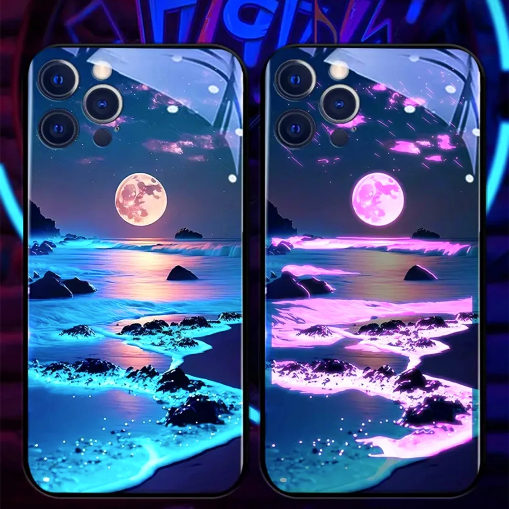Фото Светящийся чехол Lucky Beach Moon Sea Smart LED из закаленного стекла для iPhone Air 17 16 15 14 13 12 11 Pro Max Plus №5