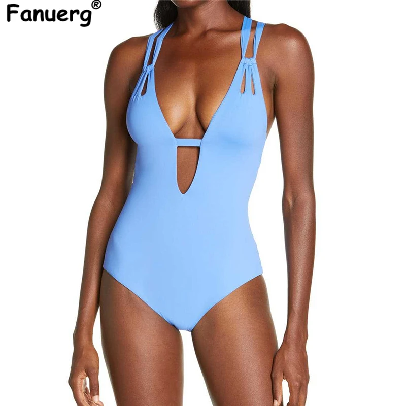 

Fanuerg Women Sexy Cutout One Piece Swimsuits Deep V Neck Solid Swimwear Cross Tie Back Monokini Bathing Suits 2022 Beachwear