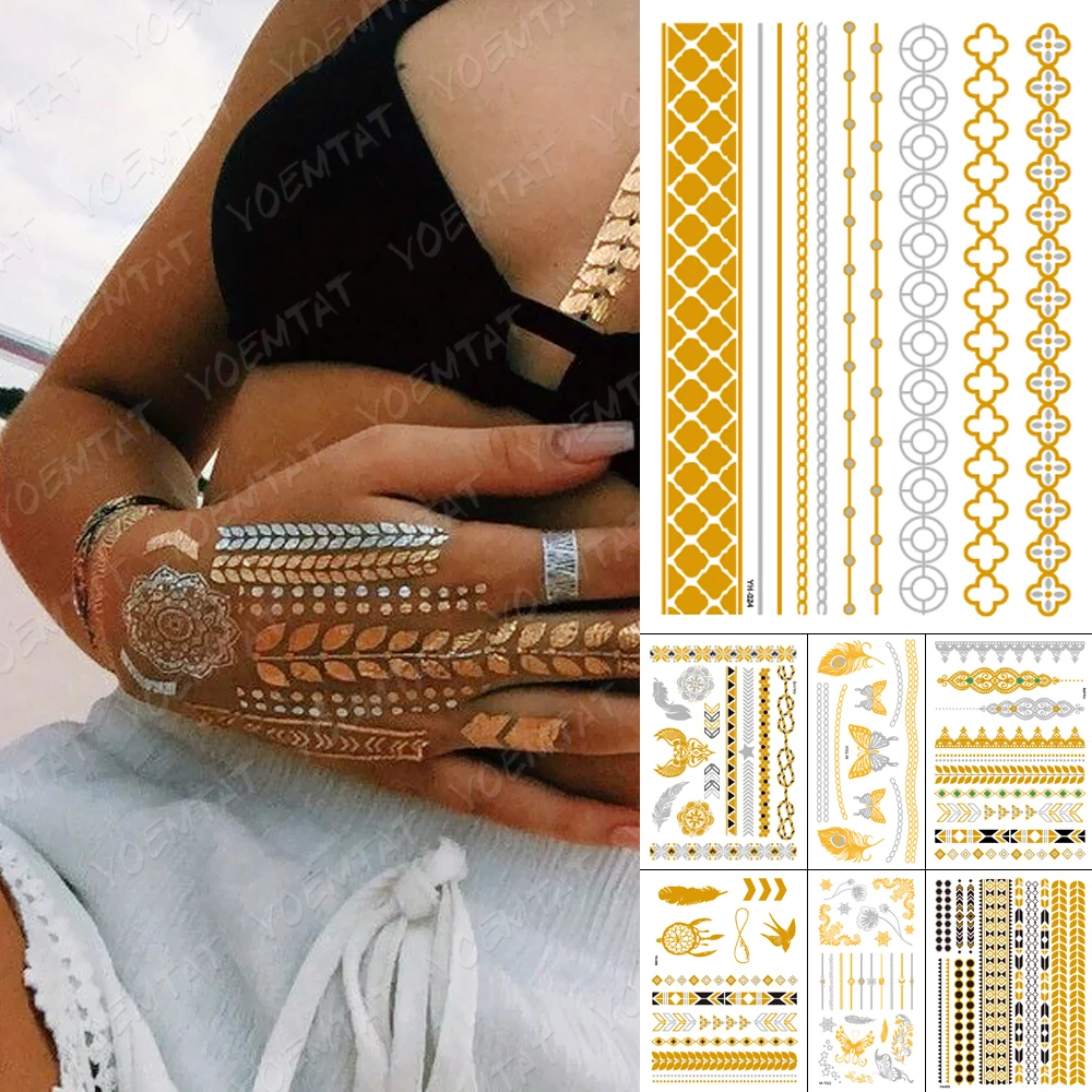 

Waterproof Temporary Tattoo Sticker Chain bracelet Gold Silver Metallic Flash Tatoo Boho Party Henna Jewelry Glitter Body Art