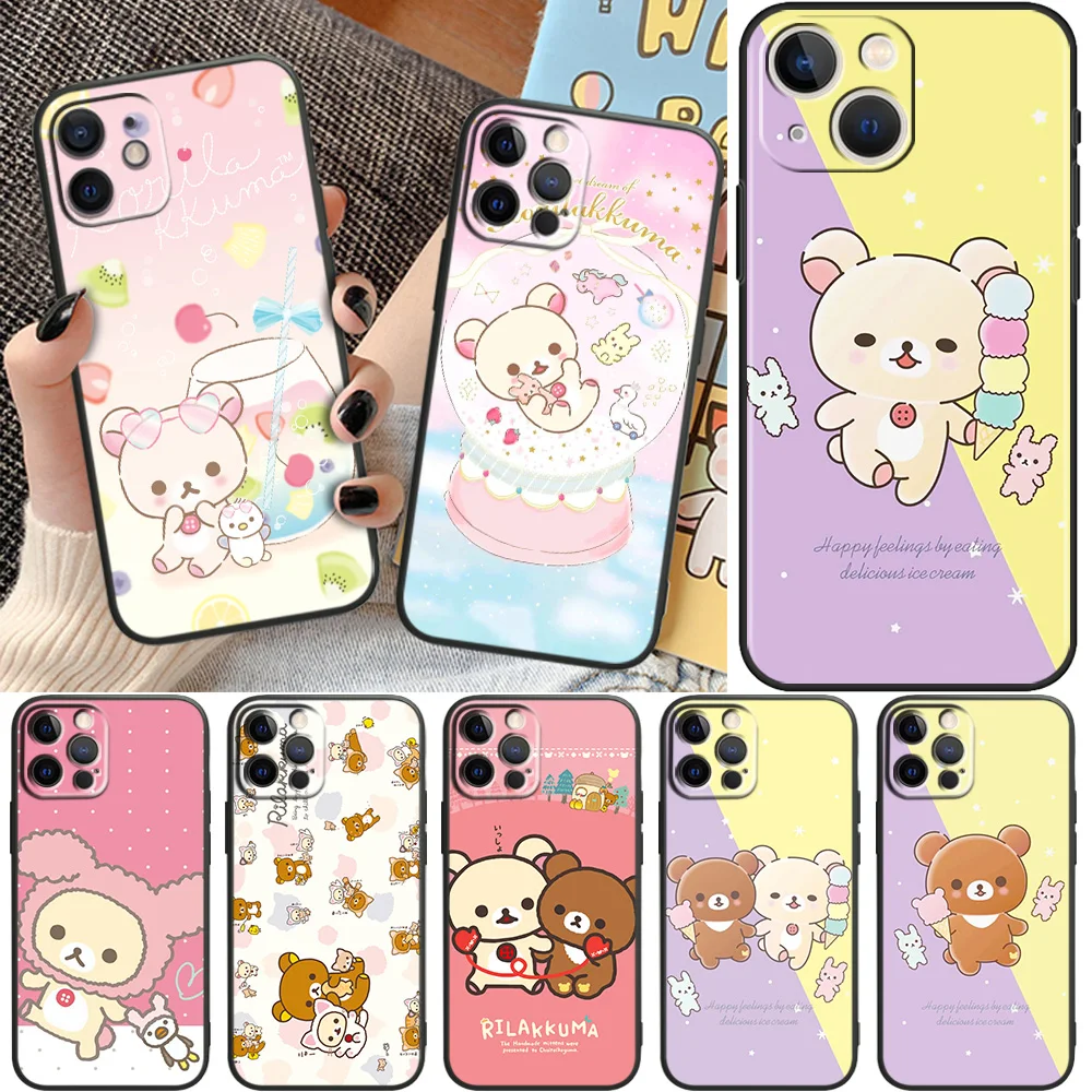 

Cartoon Cute Rilakkuma Doll For Apple iPhone11 12 13 Pro Mini X XR XS Max 7 8 Plus Black Matte luxury Silicone Soft Phone Case