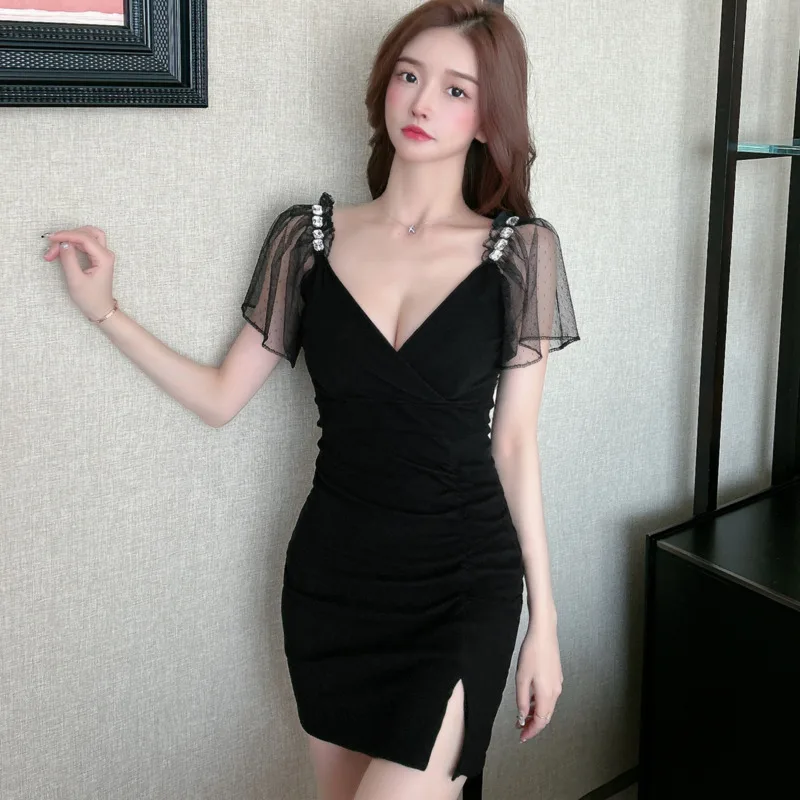 

#3465 Black Red Mini Dress Backless Sexy Short Party Club Irregular Wrap Dress Female V-neck Tight Pencil Bodycon Dress Summer