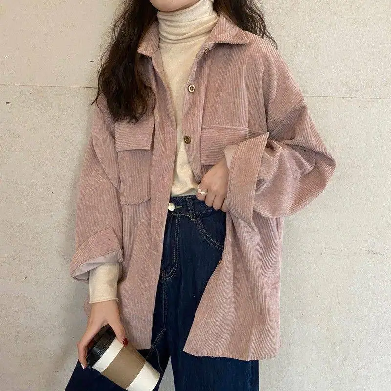 

Pink Top Corduroy Jacket Long Sleeve Blouse Women's Buttoned Collared Shirts Vintage Cute Cardigan Oversize Shirt Autumn 2022