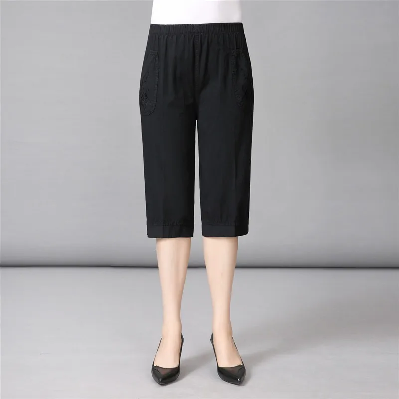 Summer Women Cropped Pants Elastic Waist Loose Casual Pants  Cotton Thin Middle-aged Lady Female Sweatpants