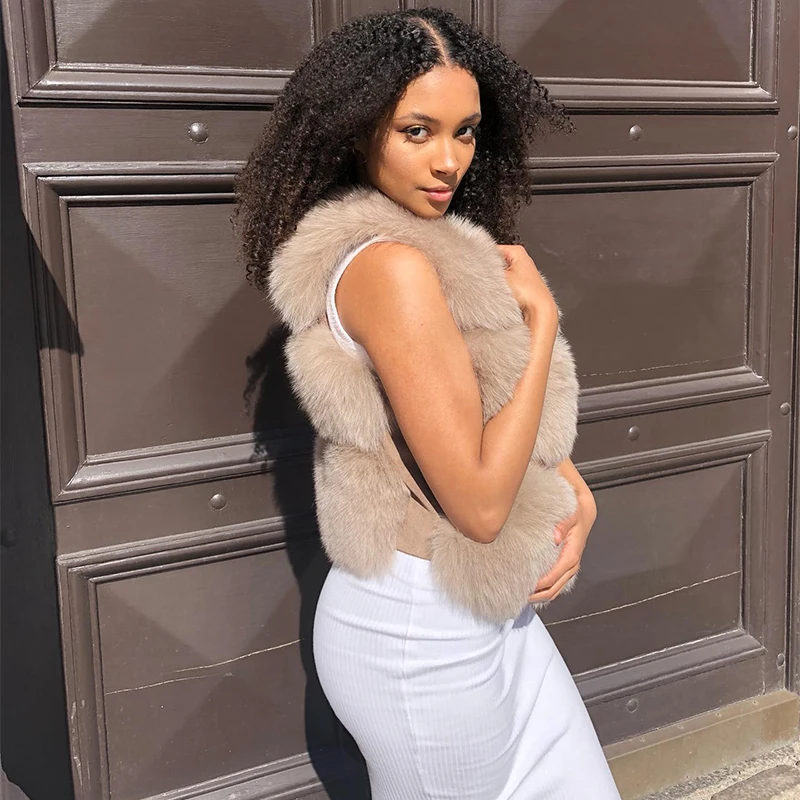 Genuine Fox Fur Vest Omen Tide Streetwear Sleeveless O-neck Tops Lady Autumn Winter Solid Cozy Real Fox Fur Tank Top Female