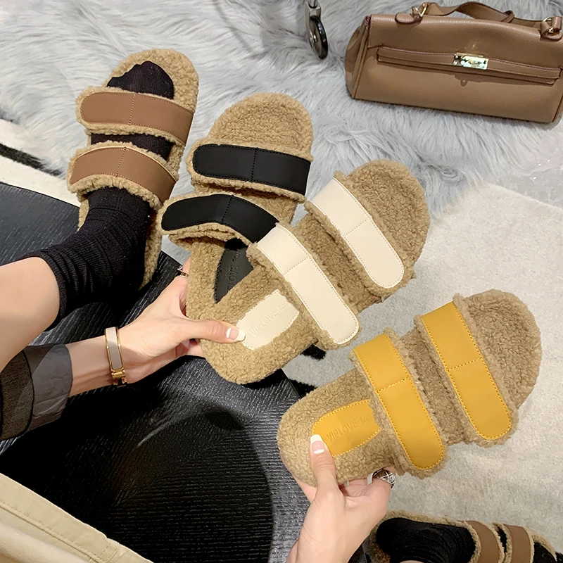 

Shoes Ladies' Slippers Low Fur Flip Flops Platform Slipers Women Rubber Flat Plush 2022 with fur PU Hook & Loop Basic Slides