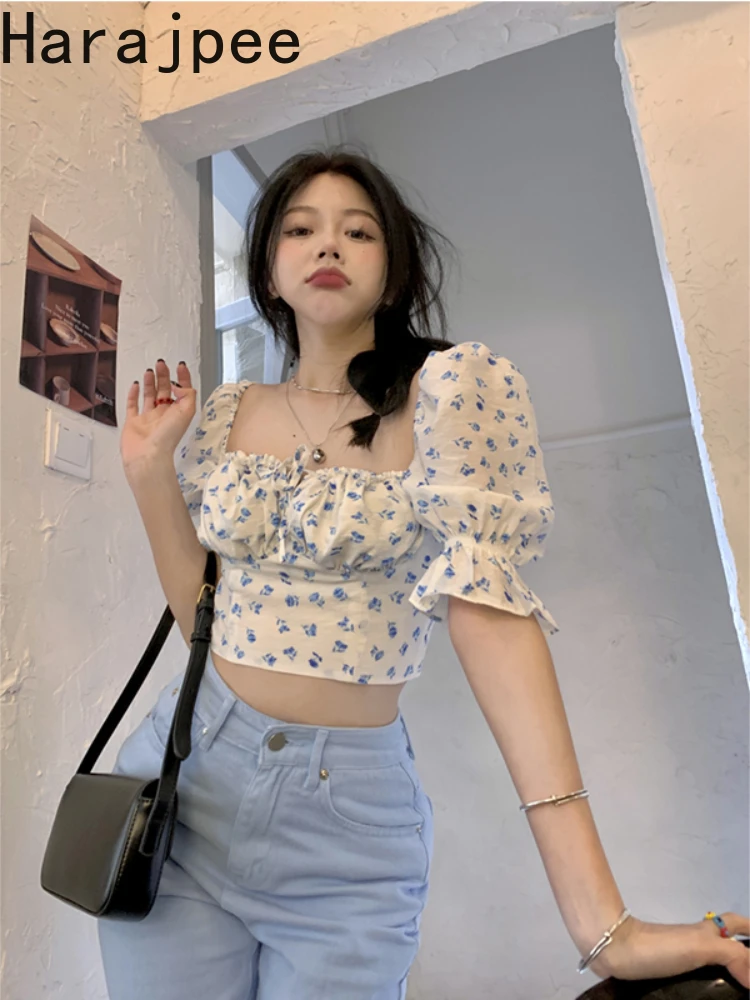 

Женский топ с рукавами-фонариками Harajpee, летний облегающий топ с рисунком, новинка 2022, нежный винтажный топ в Корейском стиле с поясом