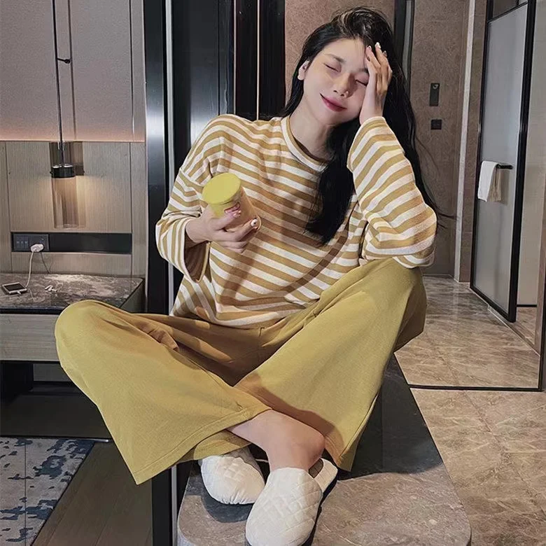 CAIYIER Sweet Stripe Girl Nightwear O-Neck Long Sleeve Trousers Sleepwear For Women Autumn Winter Kawaii Soft Korean Pajamas Set