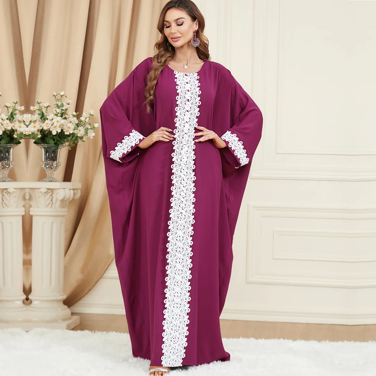 

Elegant Luxurious Loose Lave Bat Sleeve Muslim Abaya Kaftan Islamic Gown Fuchsia Long Dresses Formal Occasion Religious Worship