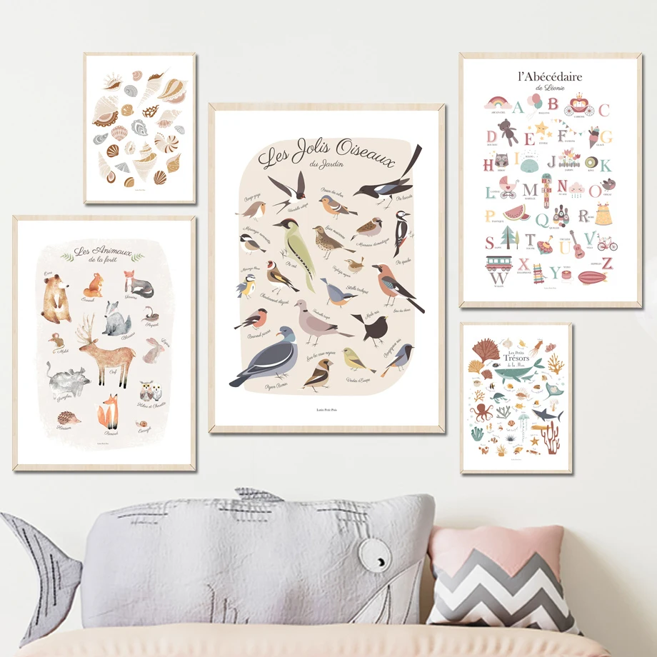 

Dinosaur Bird Fish Car Marine Life French Alphabet Art Canvas Painting Nordic Posters Prints Wall Pictures For Kids Room Decor